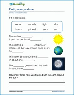 worksheet for reading the earth and sun with pictures to help students learn how to read