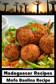 some meatballs and salad on a plate with the words madagascar recipes mofo baquina recipe