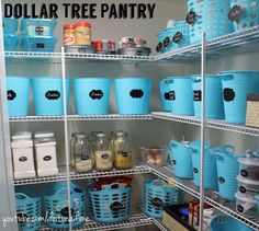 the shelves are filled with many different types of containers and containers on them, including blue buckets