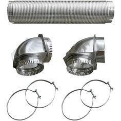 an assortment of metal parts including exhaust pipe, headlight and hoses on a white background