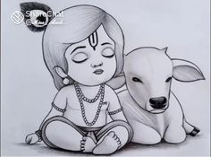 a drawing of a baby sitting next to a cow