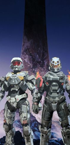 two sci - fi characters standing in front of a space background