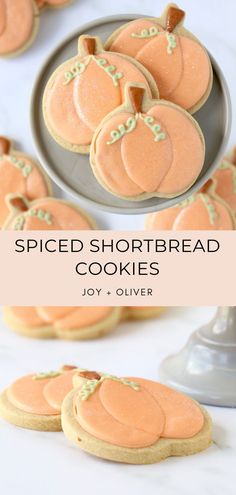 pumpkin shaped shortbread cookies on a plate with the words spiced shortbread cookies