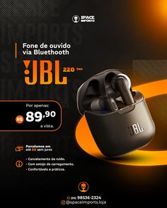 an advertisement for the jbl earbuds is shown in orange and black colors