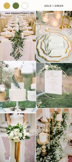 a collage of photos with gold, white and green wedding decor on it's side