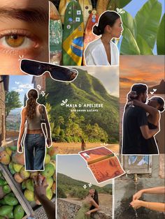 a collage of photos with people and surfboards in the background, including an image of a woman's face