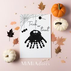 a trick or treat card surrounded by fall leaves and pumpkins on a pink background