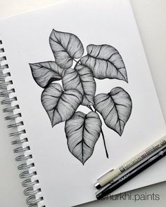 a drawing of leaves on paper next to a marker