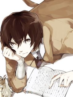 an anime character laying on the floor reading a book with his hand under his chin