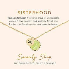 PRICES MAY VARY. STUNNING & STYLISH SORORITY NECKLACE: Your search for a beautiful sorority necklace ends here. Our Chi Omega jewelry features a lovely little disc pendant with CO engraved alongside a lime green druzy gemstone for good luck and good vibes. CO SISTERHOOD SORORITY GIFT: Solidify your sisterhood with this beautiful CO necklace. It is a perfect sorority gift for women for bid day, graduation, and other special occasions. Wear it with pride and add an elegant, stylish touch to your d Bid Day Gifts, Sorority Sisterhood, Omega Necklace, Sorority Colors, Sorority Merchandise, Sorority Letters, Phi Sigma Sigma, The Chi, Big Little Gifts