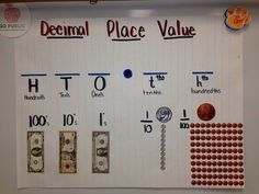 a bulletin board with money and place value written on it in red, white, and blue