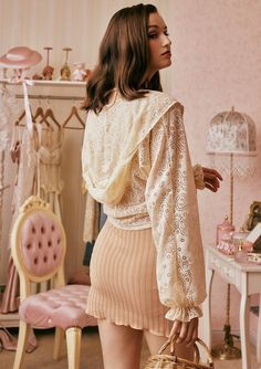 Materials: Shell：60%Cotton 40%Nylon Features: Hooded styling Waist tie is loose and slouchy Bubble sleeves are girly and slim the arms. Cheese Flowers, Summer Lace, Girly Dresses, Lace Short, Hooded Cardigan, Cardigan Top, Rash Guard, Waist Tie, Lace Shorts