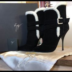 Giuseppe Zanotti Shearling Booties Sz 36.5, 4.5” Heel Black Suede With White Shearling Trim And Black Shearling Inside Brand New, Only Tried On (That’s Why You See The White Spots On Bottom Of Sole) Includes Box + Duster Luxury Heeled Boots For Winter Evenings, Luxury Round Toe Heels For Winter, Luxury Boots With Faux Fur Lining, Elegant Boots With Faux Fur Lining, Luxury Heeled Boots For Formal Winter Events, Luxury Winter Evening Heels, Designer Winter Evening Heels, Designer High Heel Boots For Winter, Designer Winter High Heeled Boots