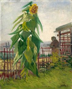 an oil painting of a sunflower in front of a fence with a man standing on the other side