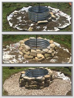 the steps to build an outdoor fire pit are shown in three different stages, including one being