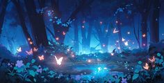 a forest filled with lots of butterflies flying over it's foliage and water at night