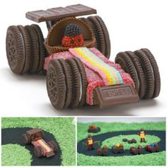 a toy car made out of chocolate and candy bars with a blanket on the top