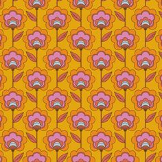 an orange and pink flower pattern on a yellow background