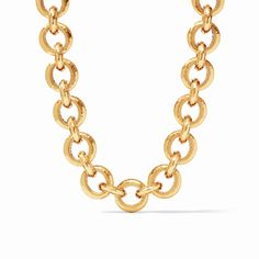 An elegant necklace of lightly hammered golden links featuring a splendid pierced design on the inside and finished with a toggle. Julie Vos Jewelry, Gold Chain Link Necklace, Sorrelli Jewelry, Julie Vos, Gold Statement Necklace, Elegant Necklace, Fall Jewelry, Elegant Necklaces, Large Earrings