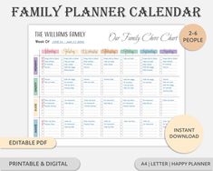 the family planner calendar is shown in this printable version, and includes 4 different items