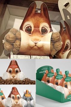 an assortment of chocolate chipmuns are in the shape of squirrel heads and on display