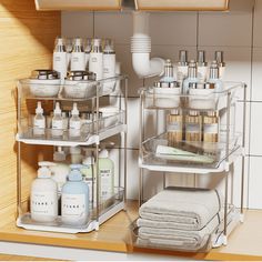 an organized bathroom shelf with lots of personal care products