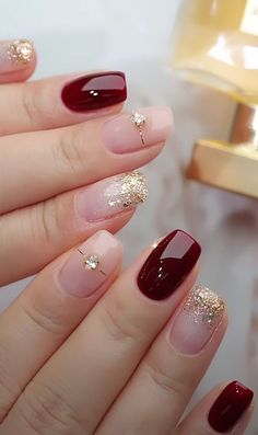 Maroon Nails, January Nails, Valentine Nails, Gold Nail, Bridal Nails, Elegant Nails