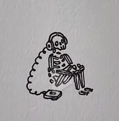 a drawing of a skeleton sitting on a chair