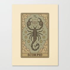 the scorpio tarot card is shown in beige and blue, with an intricate