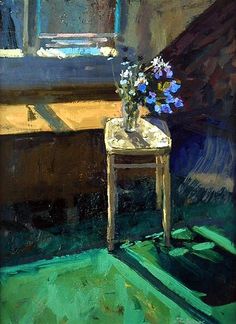 an oil painting of a chair with flowers on it and a window in the background