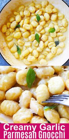 two pictures with different types of food in them and the words creamy garlic parmesan gnocchi