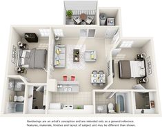 the floor plan of a two bedroom apartment with an attached kitchen, living room and dining area