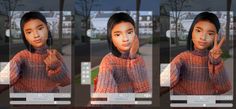 three different images of a woman making the middle finger sign with her hand and wearing an orange sweater