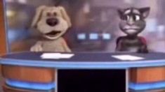 the dog and cat appear to be talking on the television show, which is set in an old tv studio