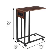 a table with wheels and a drawer on the side, measurements for each end piece