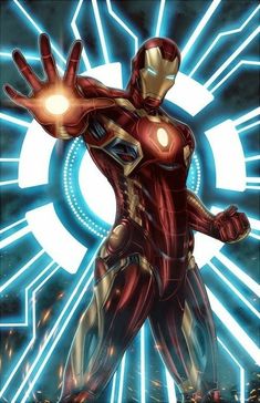 an iron man standing in front of a blue and white light with his hands out