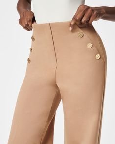 Workwear, perfected. Crafted from smoothing premium ponte fabric, this machine-washable wide-leg pant features a comfortable pull-on design and decorative gold buttons. Plus, it’s designed to shape your core, lift your butt and help you look your absolute best. Designed to hit at your natural waist Relaxed fit with leg lengthening wide leg Inseams: Petite 30” (recommended for 5’4” and under), Regular 32.5", Tall 35" (recommended for 5’9” and above) Full length (perfect to wear with a 3-4" heel) Cheap Fitted Work Pants For Office, Cheap Stretch Pants For Business Casual, Cheap Slim Fit Bottoms For Business Casual, High Rise Pants For Hourglass Figure, Cheap Business Casual Tapered Leg Bottoms, Luxury Fitted Tapered Leg Work Pants, Affordable Classic Bottoms For Business, Luxury Ankle-length Pants With Button Closure, Cheap Classic Fitted Bottoms