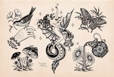 an old school tattoo design with flowers and birds