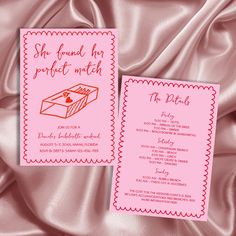 a pink and red wedding card with the words she found her perfect match on it