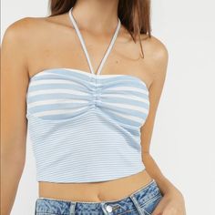 New With Tags/ Unopened: Forever 21 Light Blue And White Striped Halter Crop Top A Knit Halter Top Featuring A Self-Tie Neck Closure, Mixed Striped Pattern, Ruched Detail At The Bust, And A Cropped Hem. **Bundle And Save** Size M Material: 100% Cotton Trendy Fitted Halter Top For Day Out, Striped Halter Neck Top For Spring, Spring Striped Halter Top, Striped Halter Top For Spring And Summer, Striped Fitted Halter Top For Summer, Fitted Striped Halter Top For Summer, Trendy Cotton Halter Top For Spring, Trendy Halter Top For Spring, Trendy Blue Halter Neck Top