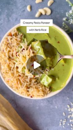 a bowl filled with rice and guacamole on top of a blue table