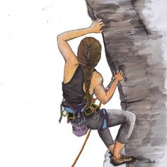 a drawing of a woman climbing up the side of a mountain with her back to the camera