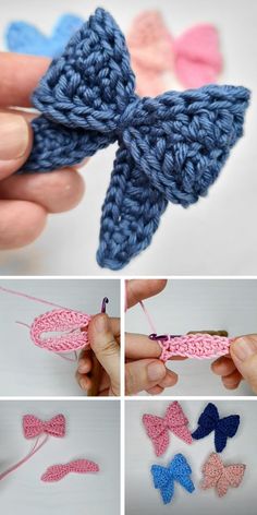 crocheted bow made with yarn and thread is shown in four different pictures, including the