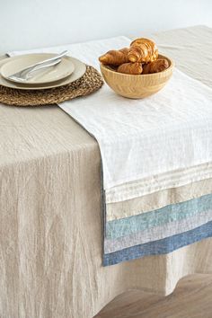 a bowl of croissants sitting on top of a table next to a plate