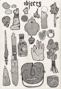 an image of various objects that are drawn in pencil and ink on paper, with the words object written above them