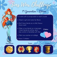 Generational challenge idea for The Sims 4. Winx Challenge. Each generation is a different Winx. Hope you like it. Modify it however you want to make your game more fun. Winx Next Generation, Sims Generation Challenge, The Sims 4 Gameplay Ideas, Sims 4 Cc High School, Sims 4 Legacy Challenge Ideas