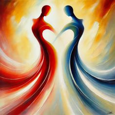 a painting of two people holding hands in front of an orange and blue swirl background