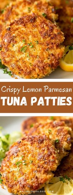 crispy lemon parmesan tuna patties on a white plate with garnish