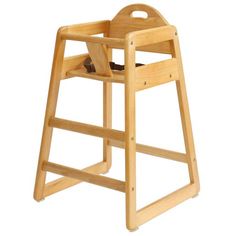 a wooden high chair that is sitting on a white background with no people around it