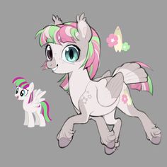 a little pony with pink and green hair next to a small white pony on a gray background